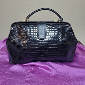 Austin Designs Vtg Doctor's Bag Geniune Leather Black Croc Embossed Top Handle